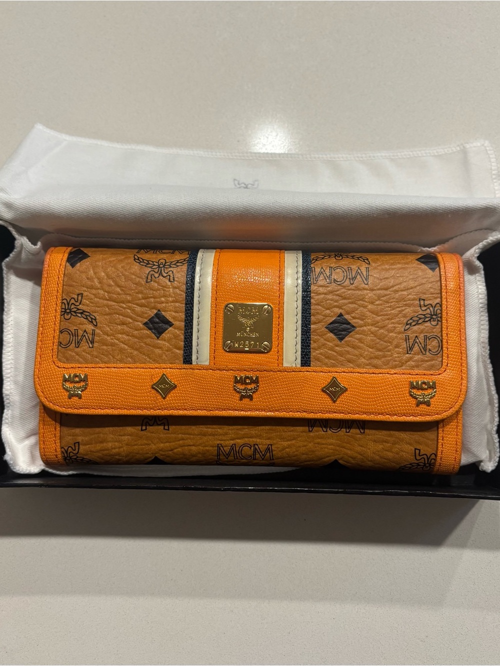 MCM Visetos Cognac Orange Stripe Continental Wallet
